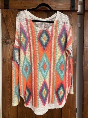 Boho Diamond-Print Scoop Neck Sweater - White/Cream Multi